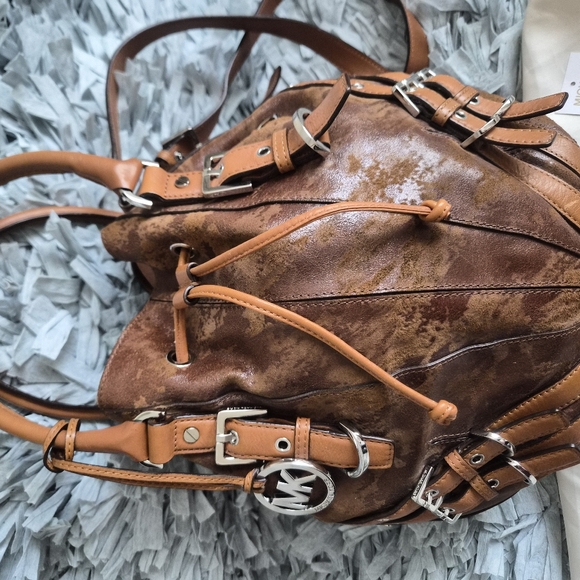 Michael Kors Brown and Tan Leather Drawstring Bucket Purse Vintage - Picture 2 of 5